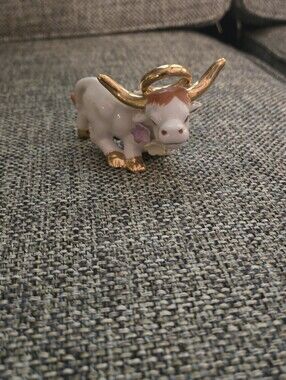 Vintage Small Gold-Accented Ceramic Cow Figurine - White with Pink Accent